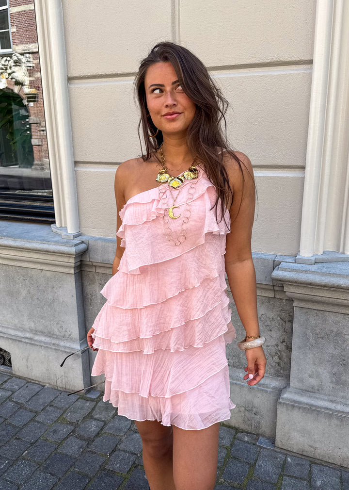 Mini Kleid Damen Rüschen Asymmetrisch Schulterträger Casual Sommer