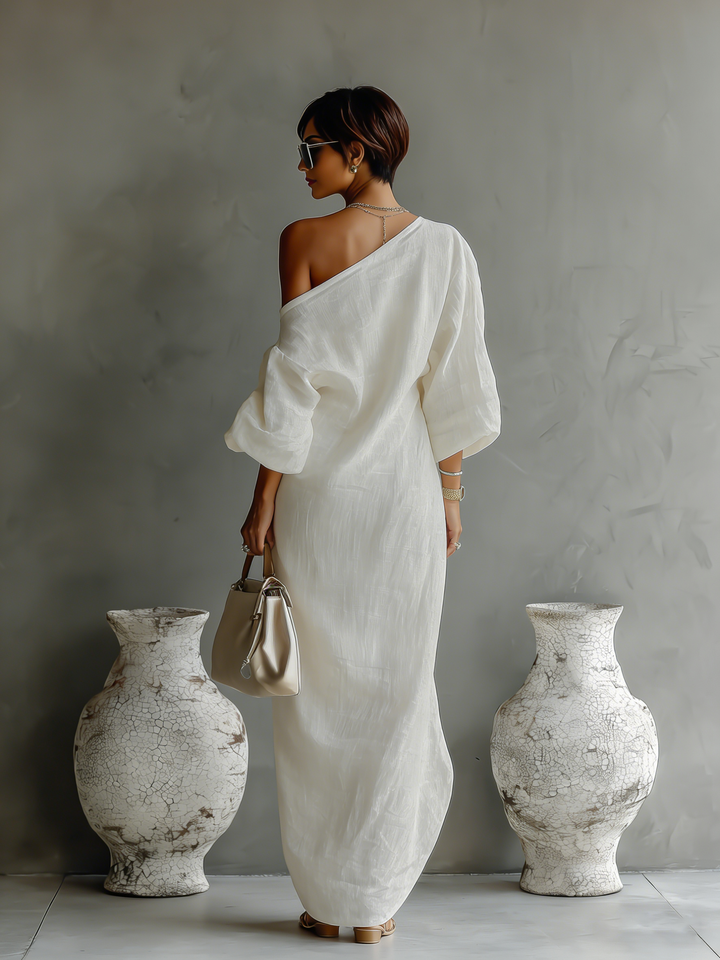 Ximena | Elfenbein Leinen Kleid Schulterfrei