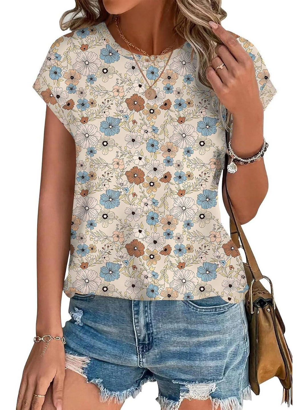 Zoella | Damen Bluse Kurzarm Rundhals Blätterdruck Bunt