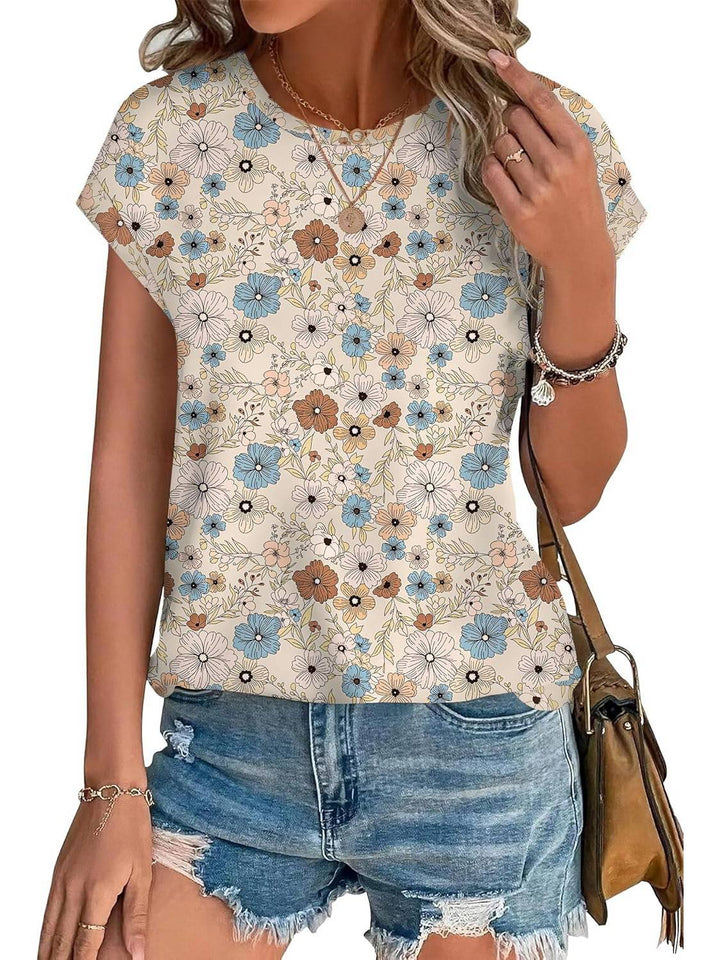 Zoella | Damen Bluse Kurzarm Rundhals Blätterdruck Bunt