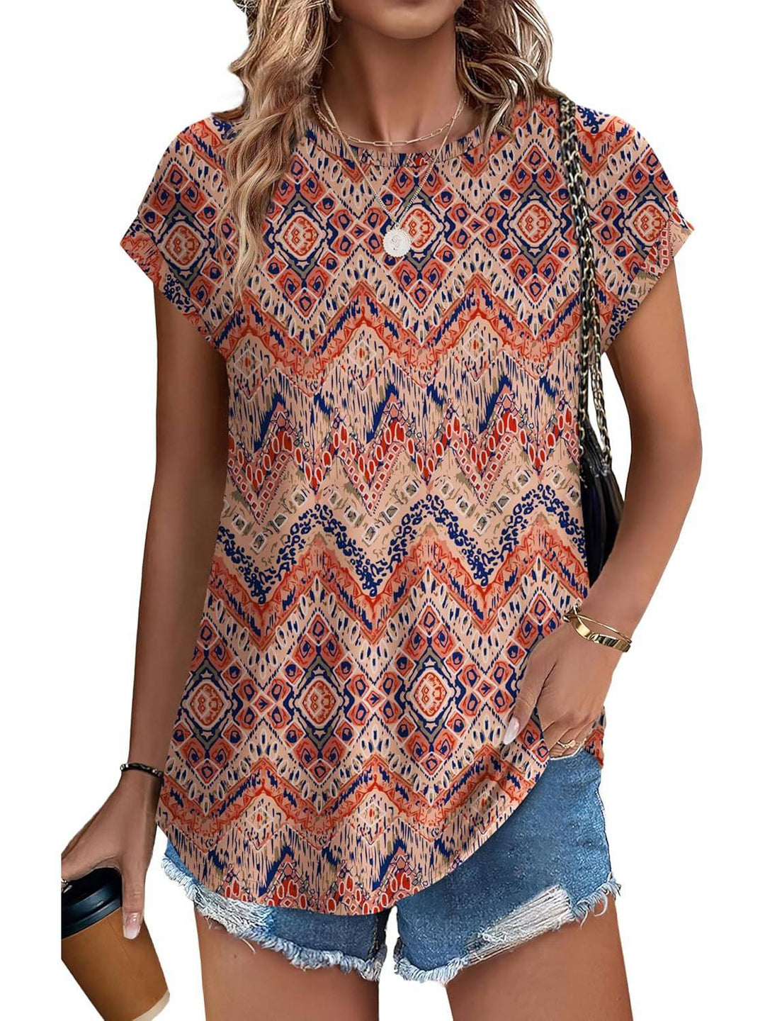 Zoella | Damen Bluse Kurzarm Rundhals Blätterdruck Bunt