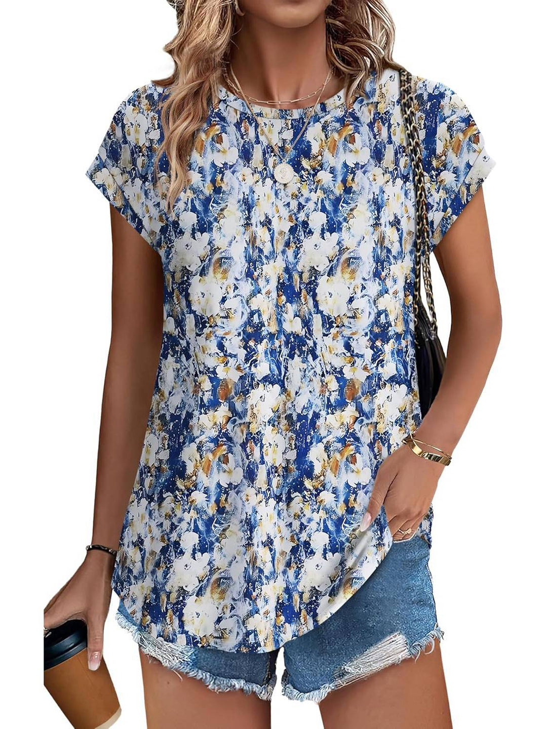 Zoella | Damen Bluse Kurzarm Rundhals Blätterdruck Bunt