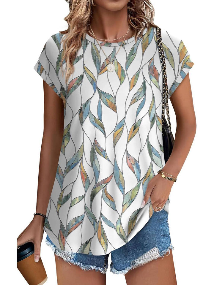Zoella | Damen Bluse Kurzarm Rundhals Blätterdruck Bunt