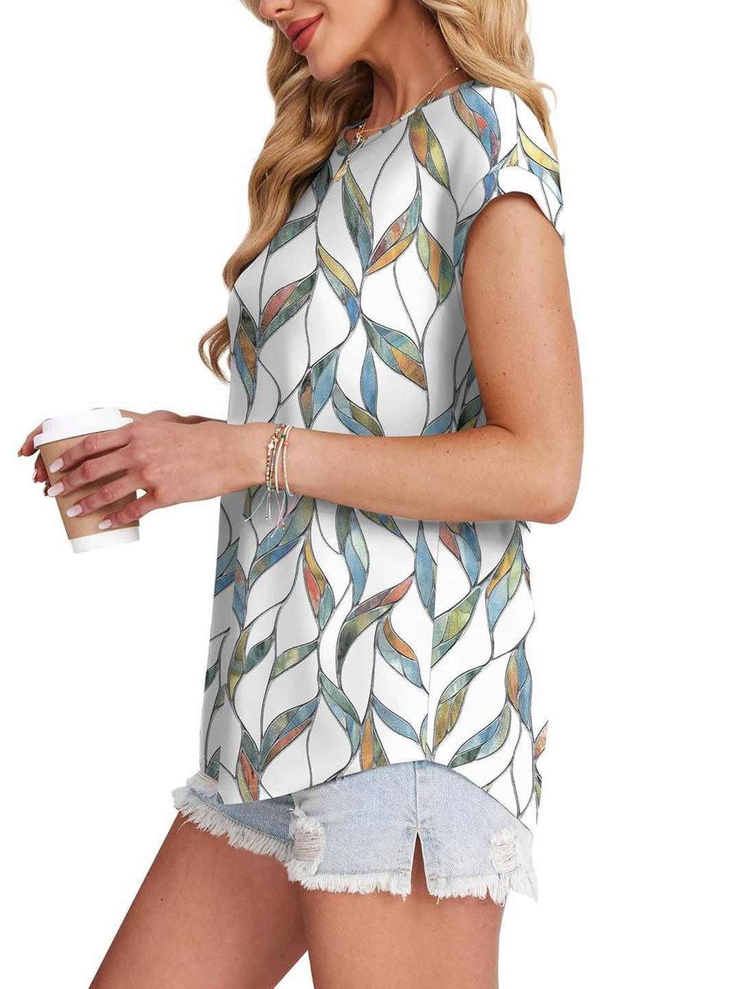 Zoella | Damen Bluse Kurzarm Rundhals Blätterdruck Bunt