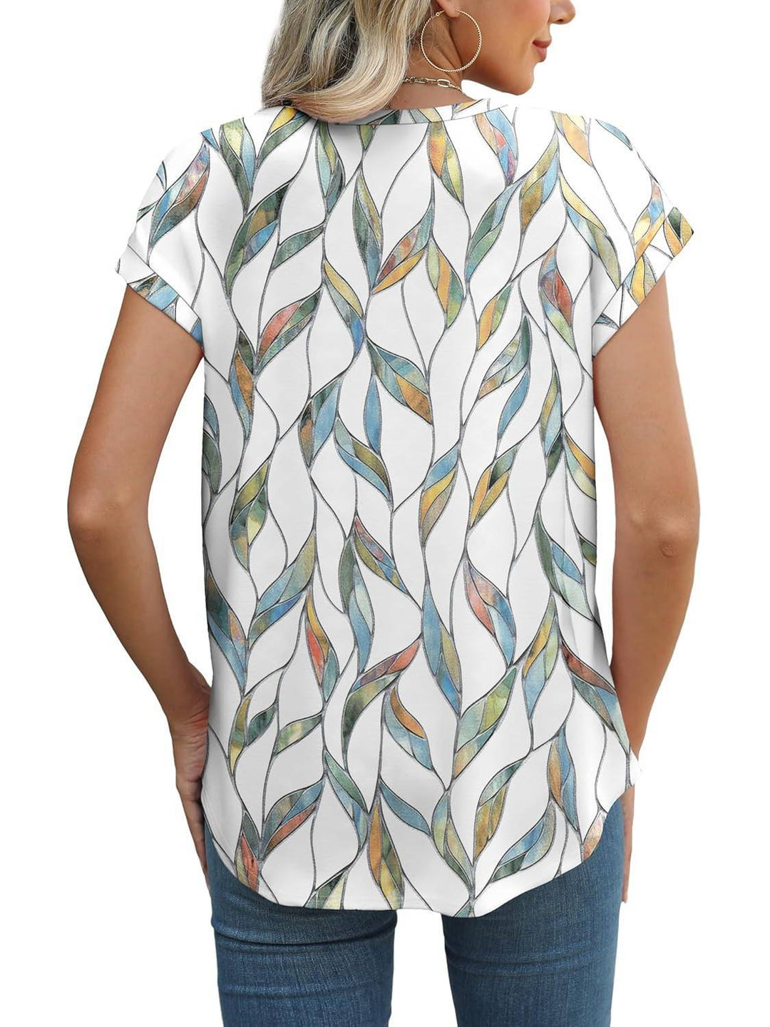 Zoella | Damen Bluse Kurzarm Rundhals Blätterdruck Bunt