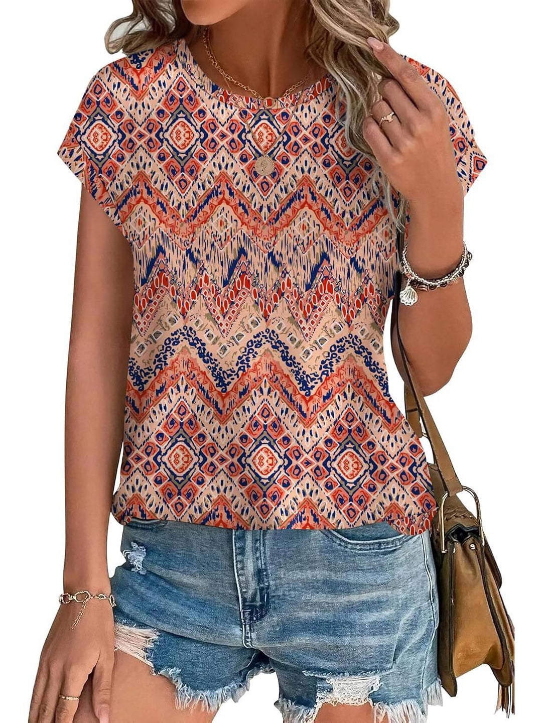 Zoella | Damen Bluse Kurzarm Rundhals Blätterdruck Bunt