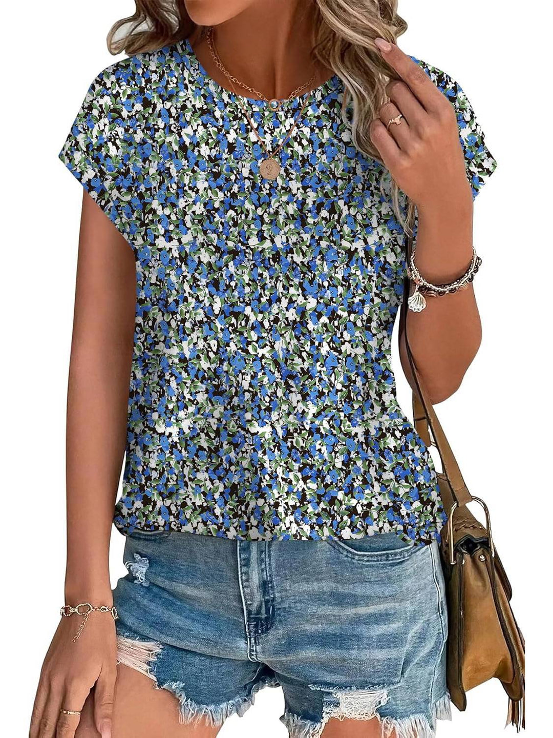 Zoella | Damen Bluse Kurzarm Rundhals Blätterdruck Bunt