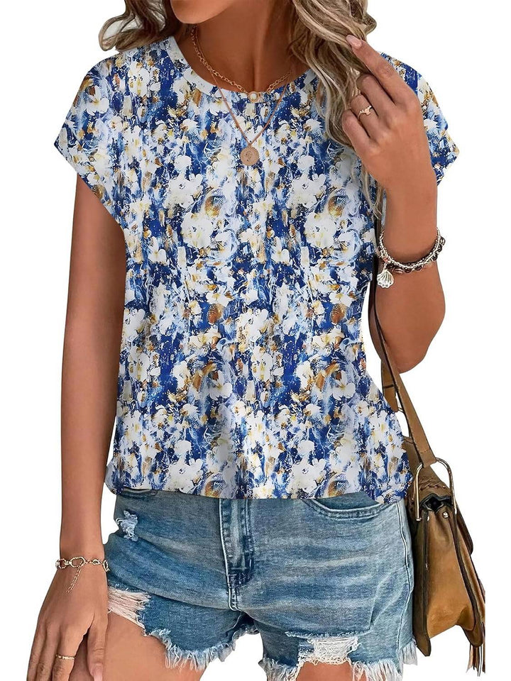 Zoella | Damen Bluse Kurzarm Rundhals Blätterdruck Bunt