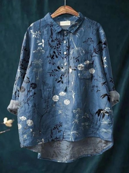 Rosa | Damen Hemdbluse Langarm Aquarell Blumenmuster Oversized
