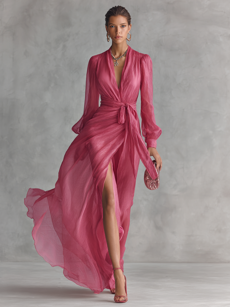 Ingeborg | Roze Chiffon Jurk V-Hals