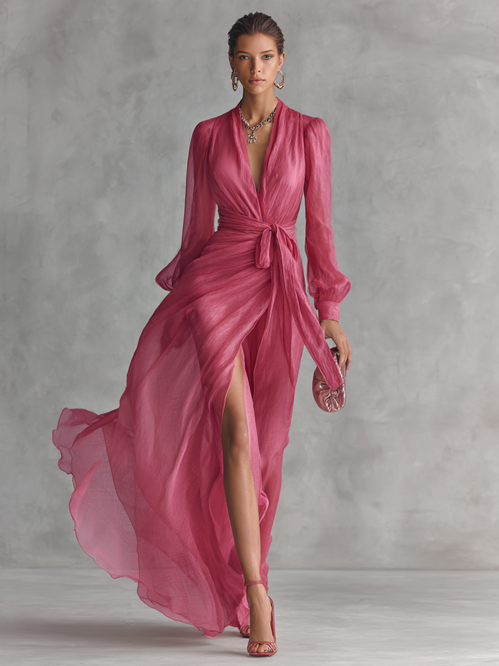 Ingeborg | Roze Chiffon Jurk V-Hals