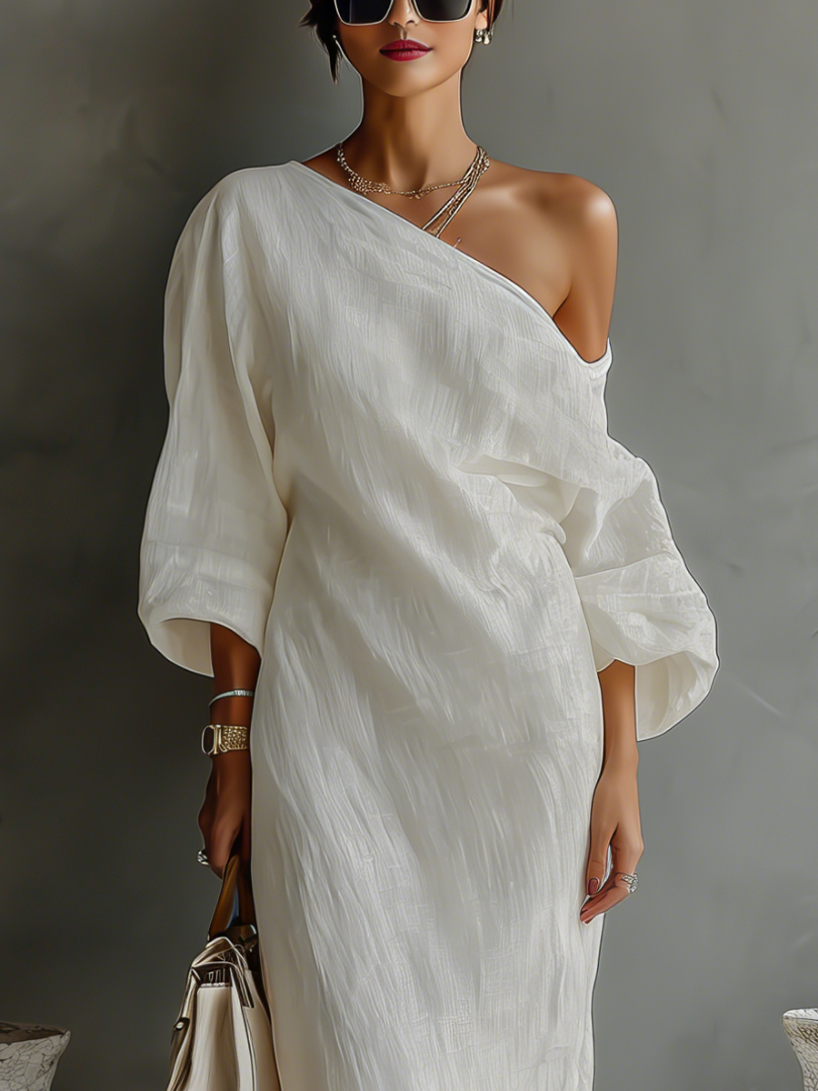 Ximena | Elfenbein Leinen Kleid Schulterfrei