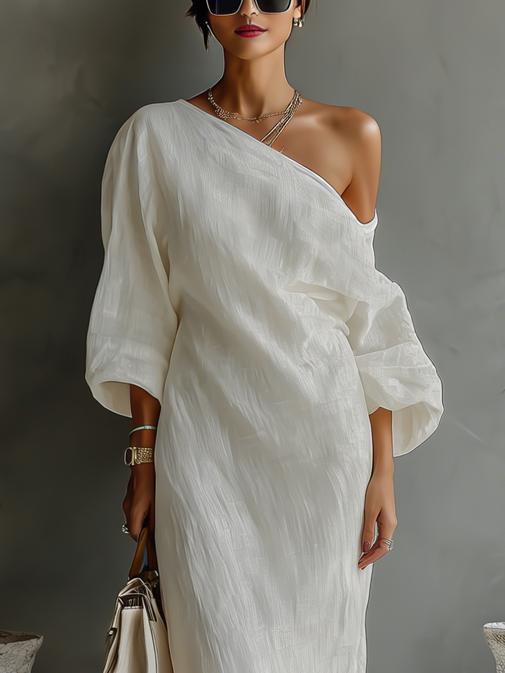 Ximena | Elfenbein Leinen Kleid Schulterfrei