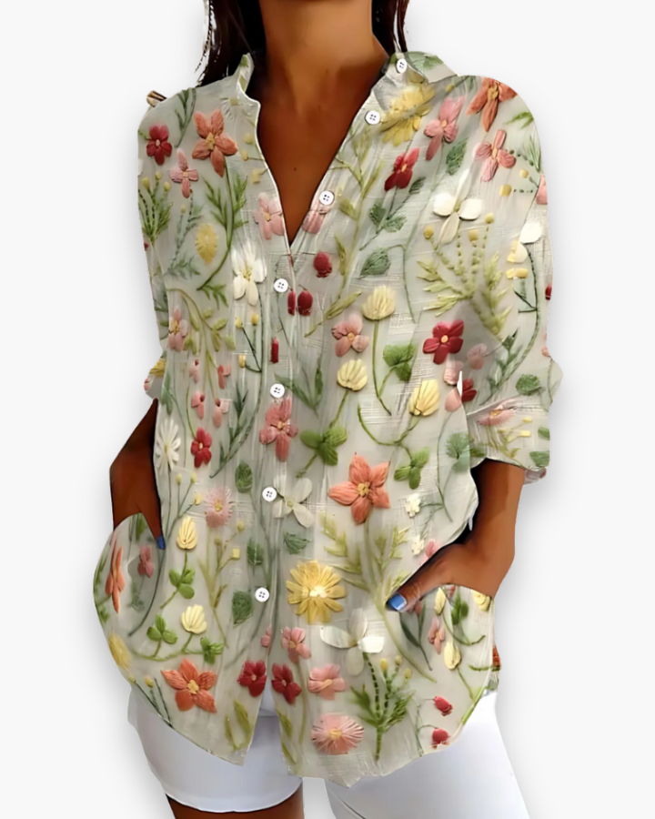 Flora | Damen Bluse Langarm Blumenprint Hemdbluse Knopfleiste