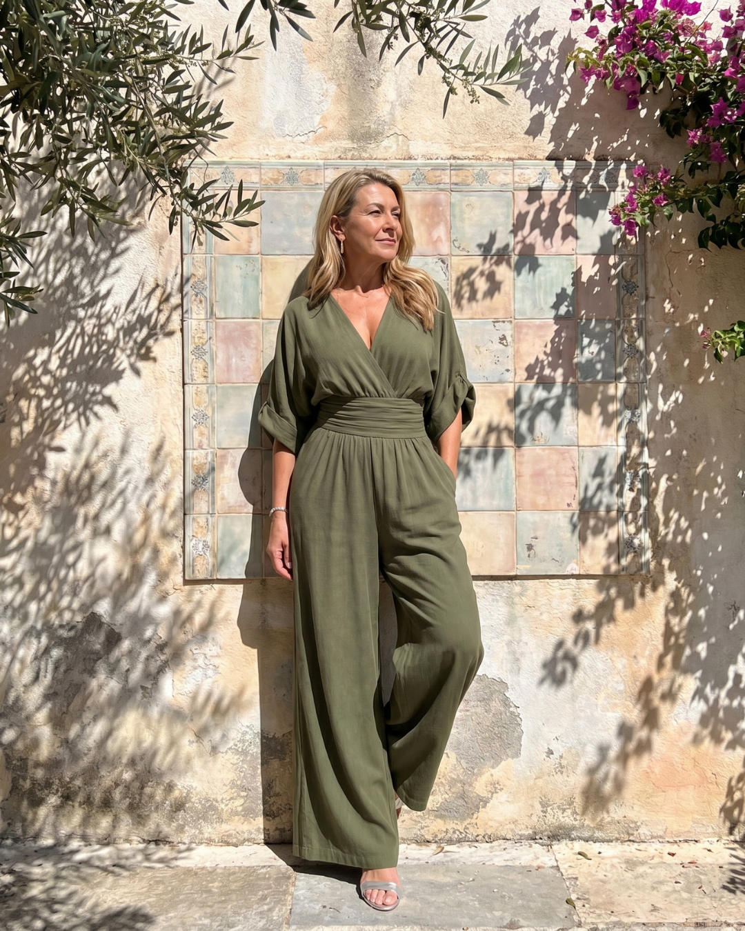 Emene | Drapierter V-Ausschnitt Weitbeiniger Lässiger Jumpsuit