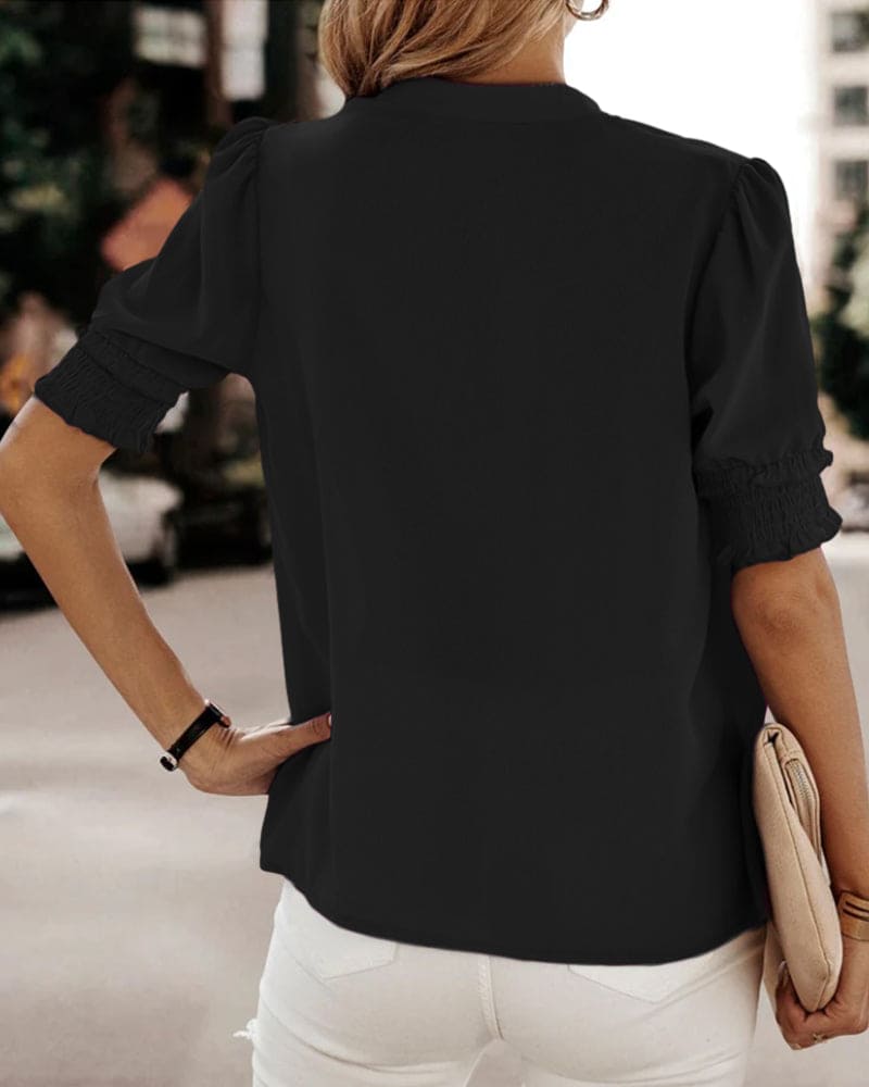 Jolie | Damen Chiffon Bluse Kurzarm V-Ausschnitt Puffärmel