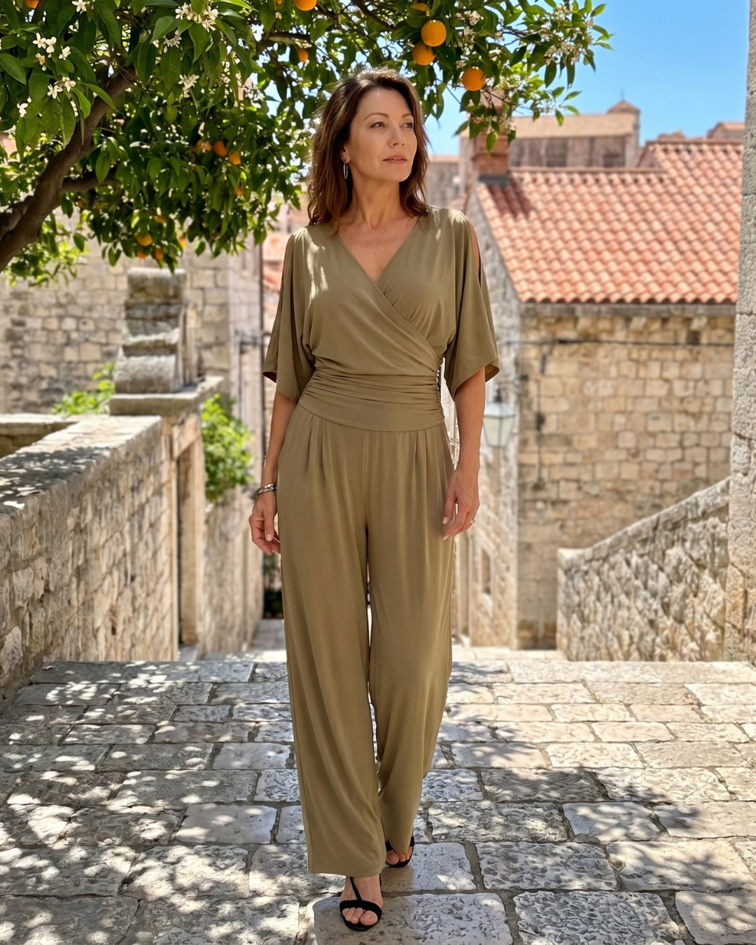 Nyxara | Kalt-Schulter Wickel Taille Entspanntes Jumpsuit