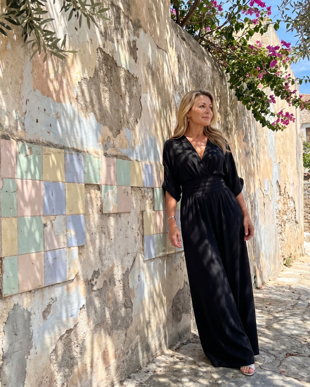 Emene | Drapierter V-Ausschnitt Weitbeiniger Lässiger Jumpsuit