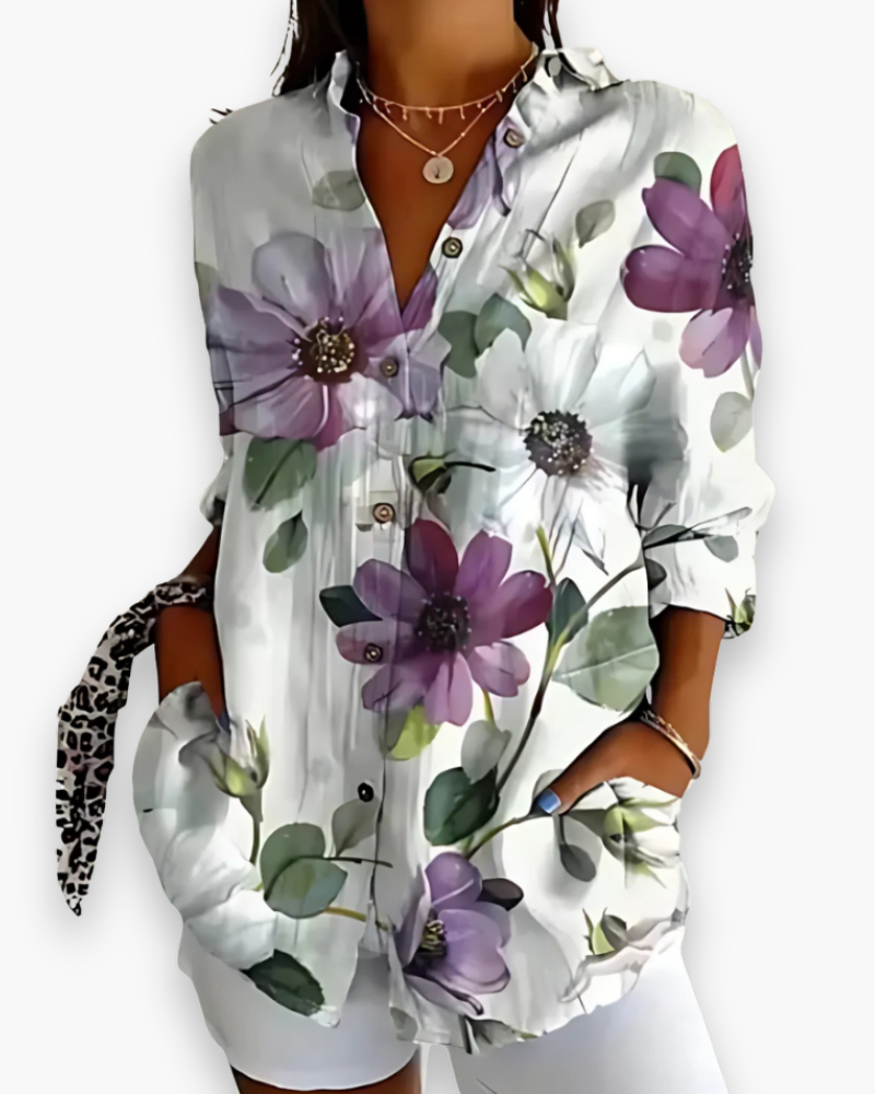 Flora | Damen Bluse Langarm Blumenprint Hemdbluse Knopfleiste
