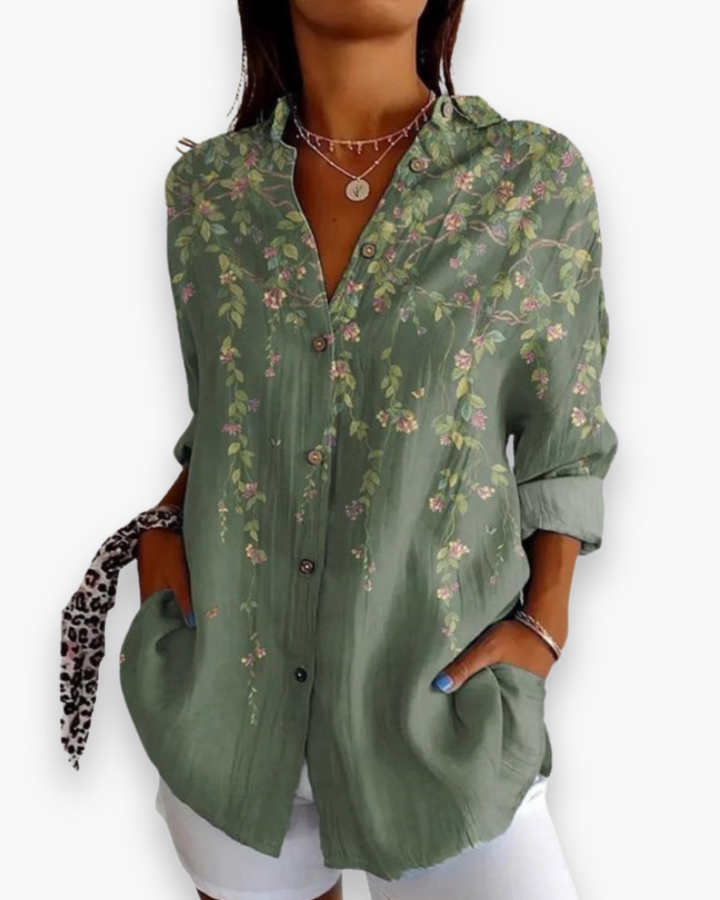 Flora | Damen Bluse Langarm Blumenprint Hemdbluse Knopfleiste