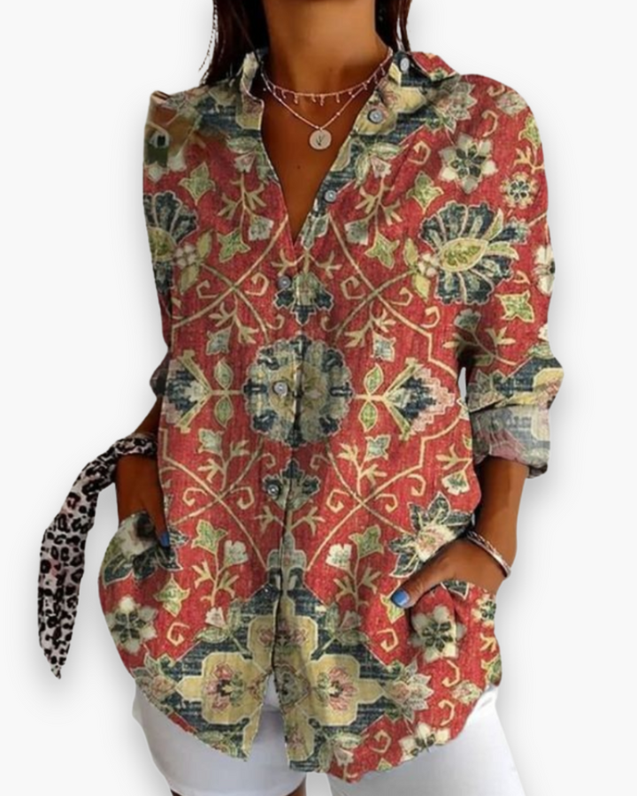 Flora | Damen Bluse Langarm Blumenprint Hemdbluse Knopfleiste