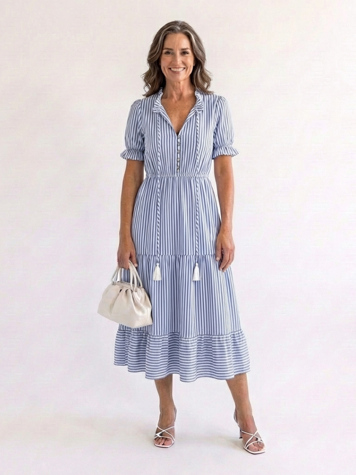 Dakota | Kurzärmeliges gestreiftes, schichtetes Midikleid
