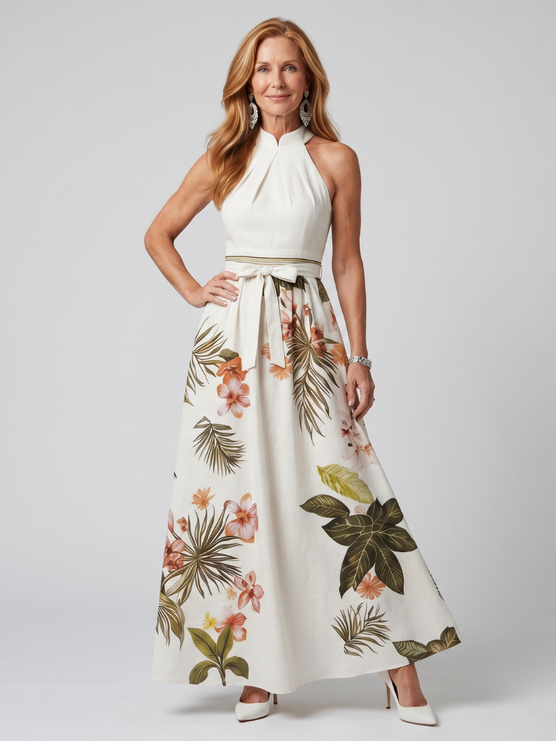 Wiese | Drapiertes Halter-Botanisches Panel-Maxikleid