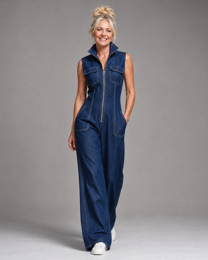 Samantha | Reißverschluss-Front Ärmelloses Denim Weitbeiniges Jumpsuit