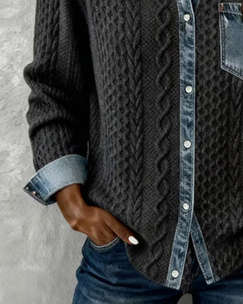 Dana | Damen-Strickjacke mit langen Ärmeln und Denim-Details