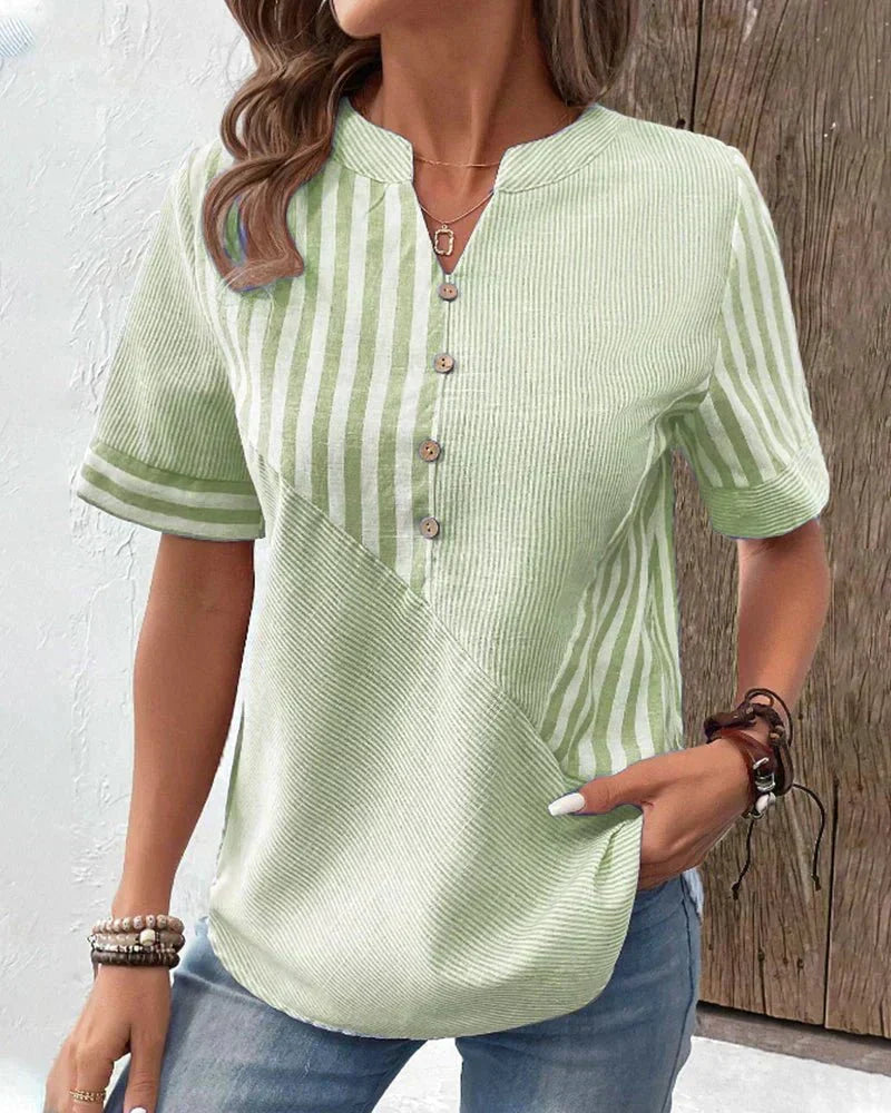 Lola | Damen T-Shirt Kurzarm Gestreift mit Knopfleiste