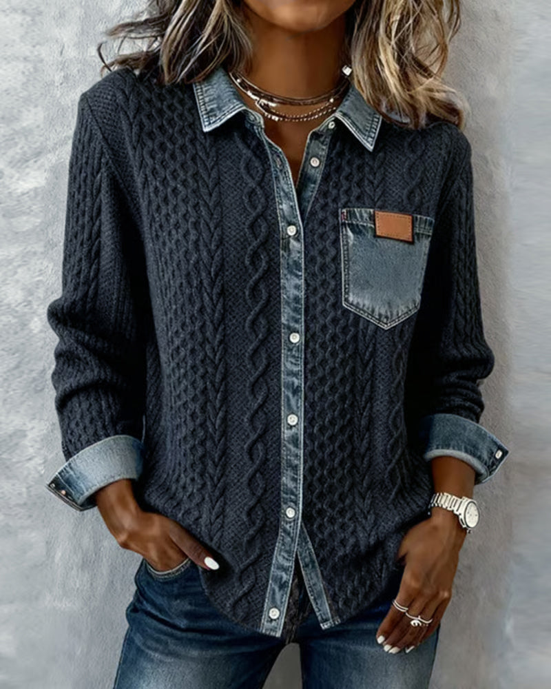 Dana | Damen-Strickjacke mit langen Ärmeln und Denim-Details