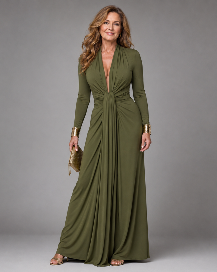 Vimmer | Drapiertes Deep V Neck Langarm-Maxikleid