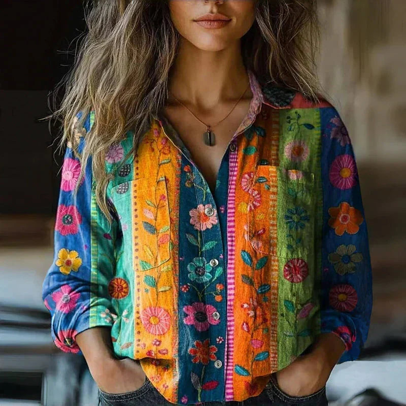 Maya | Damen Hemdbluse Langarm Boho Muster mit Brusttaschen