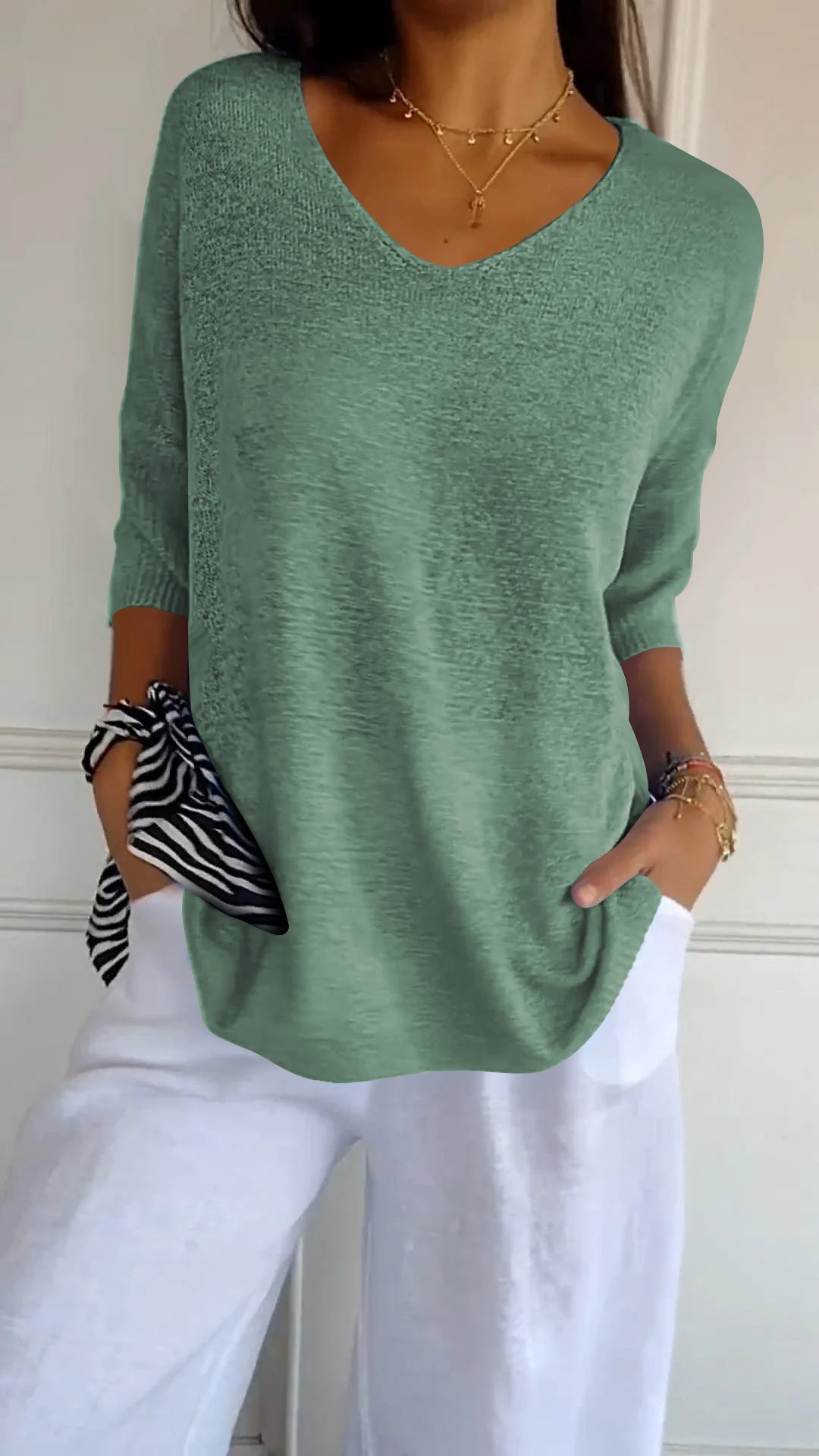 Tina | Damen pullover 3/4 Arm V-Ausschnitt Übergroß Koralle