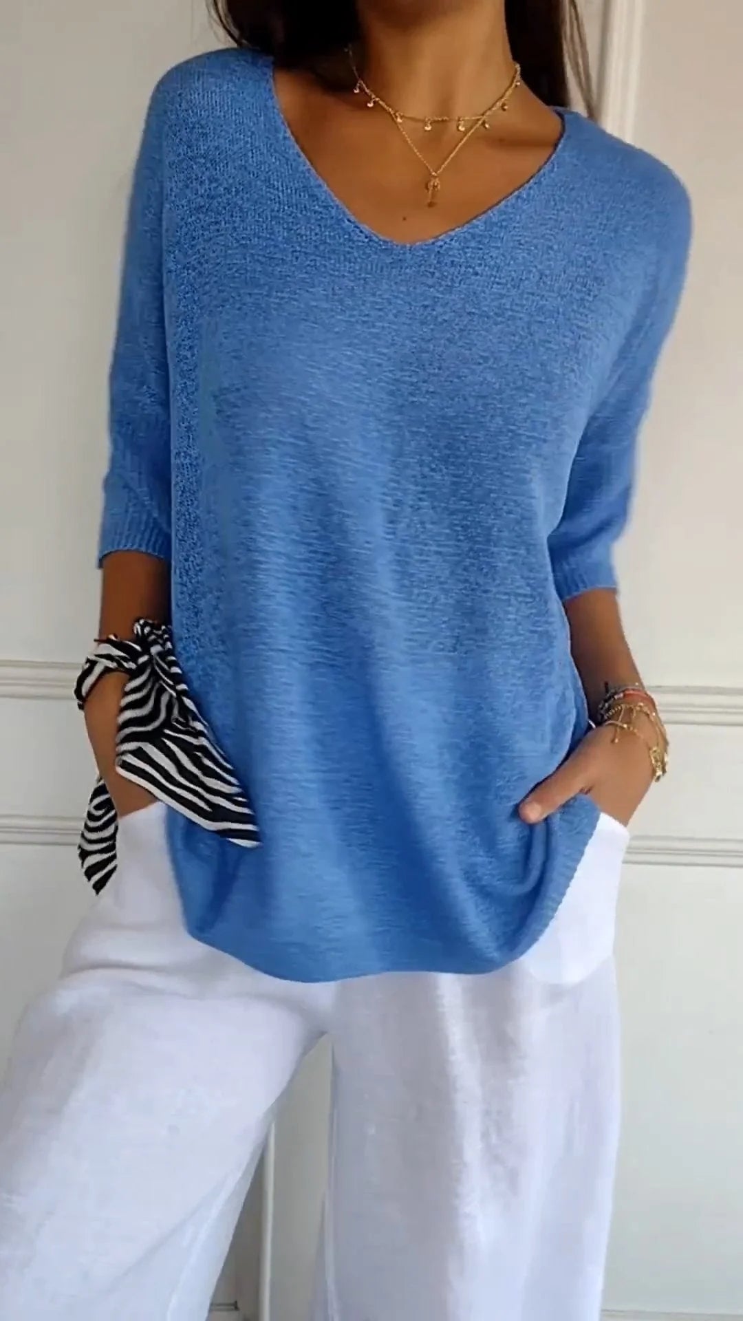 Tina | Damen pullover 3/4 Arm V-Ausschnitt Übergroß Koralle