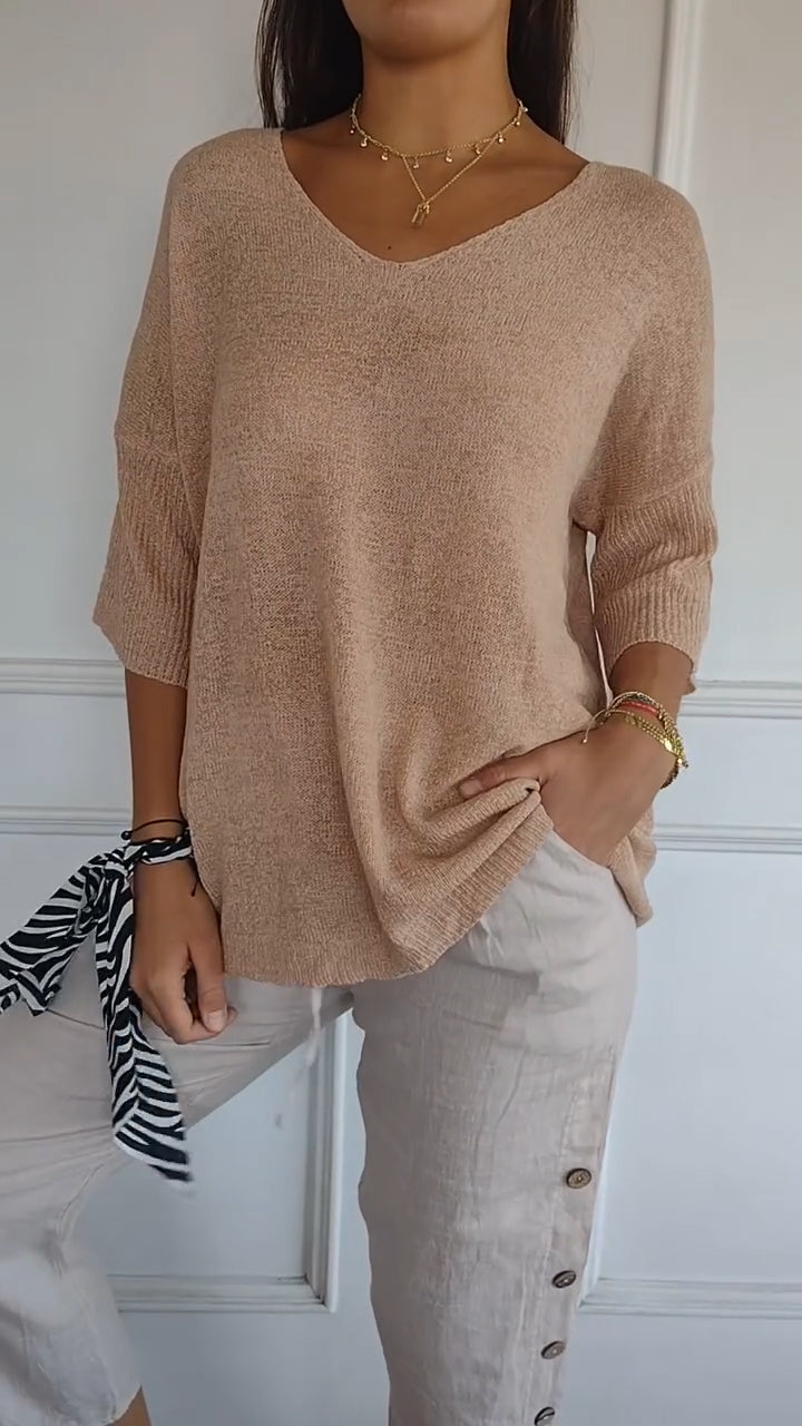 Tina | Damen pullover 3/4 Arm V-Ausschnitt Übergroß Koralle