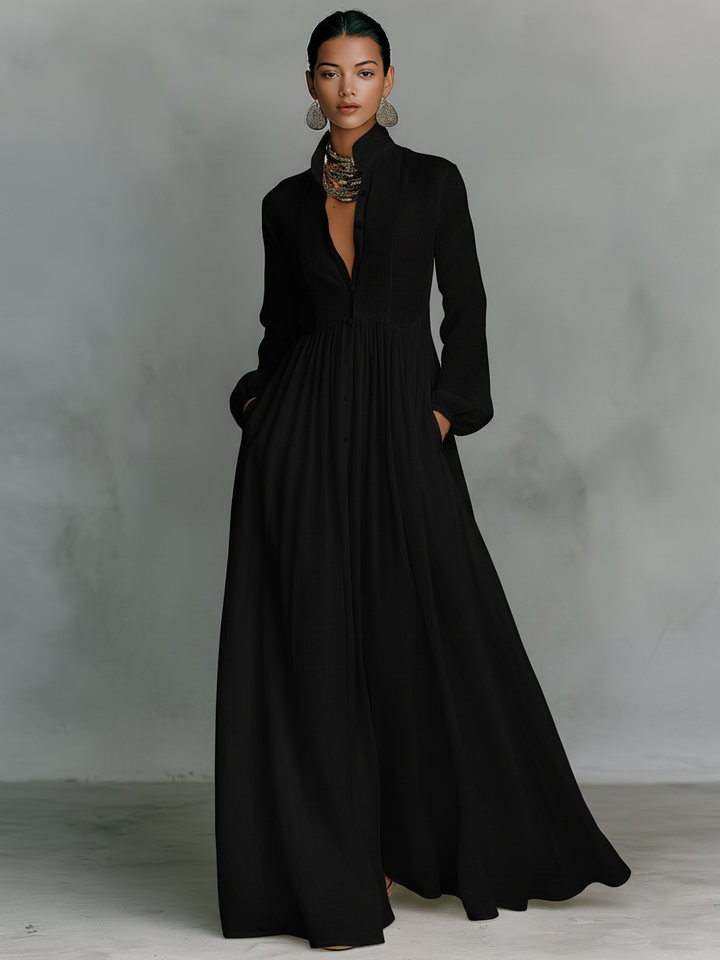 Brunhilde | Patchwork Leinen Maxi Kleid Stehkragen