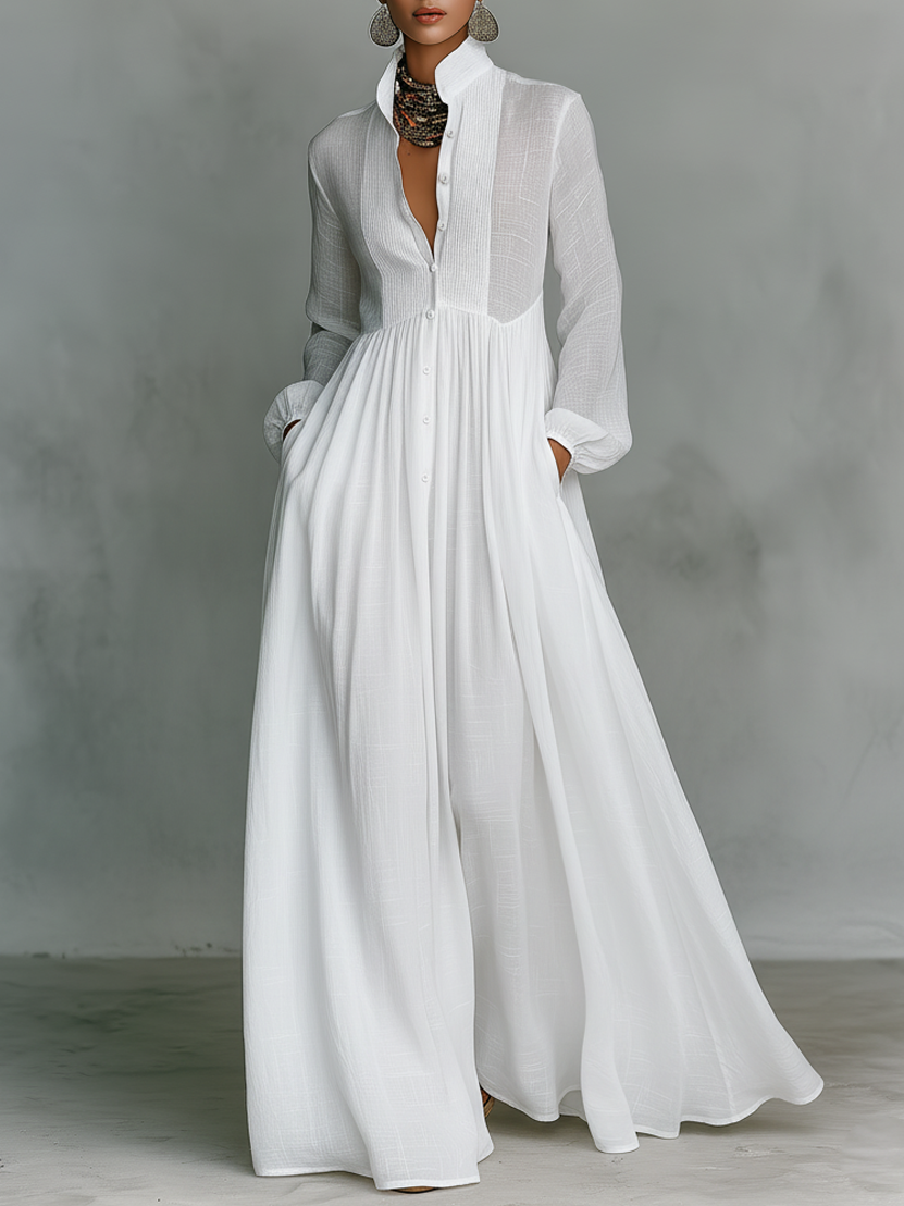Brunhilde | Patchwork Leinen Maxi Kleid Stehkragen