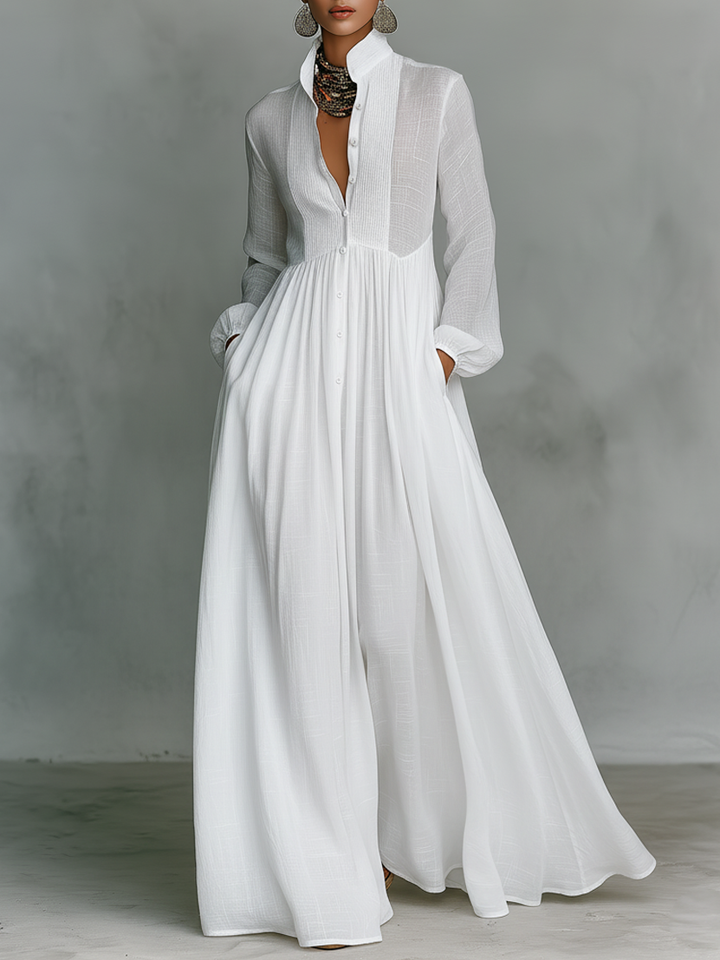 Brunhilde | Patchwork Leinen Maxi Kleid Stehkragen