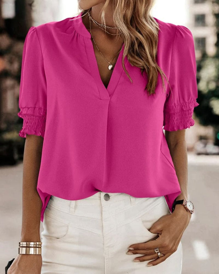 Jolie | Damen Chiffon Bluse Kurzarm V-Ausschnitt Puffärmel