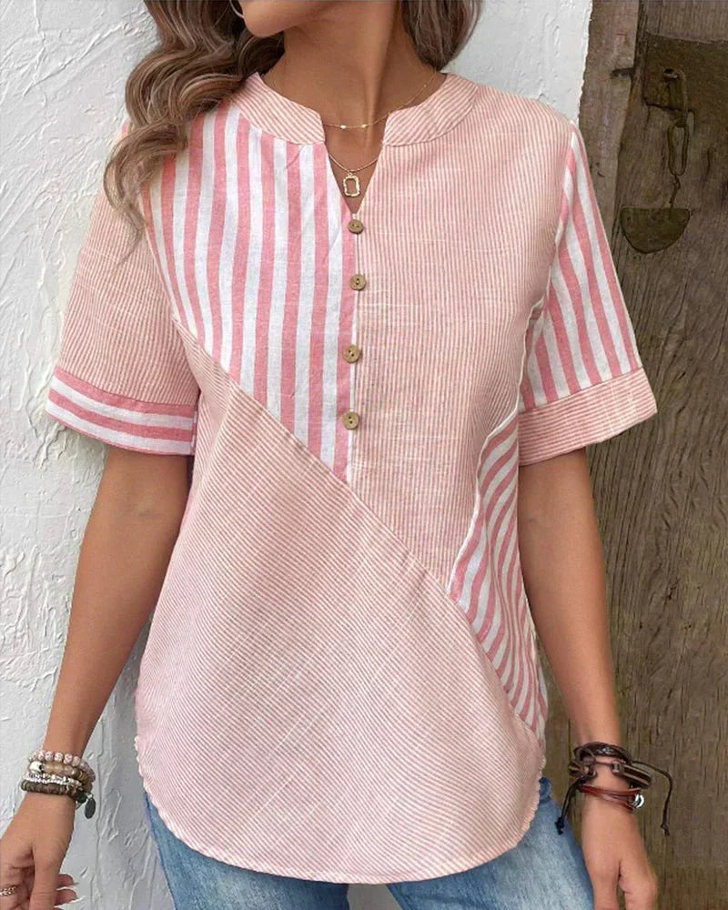 Lola | Damen T-Shirt Kurzarm Gestreift mit Knopfleiste