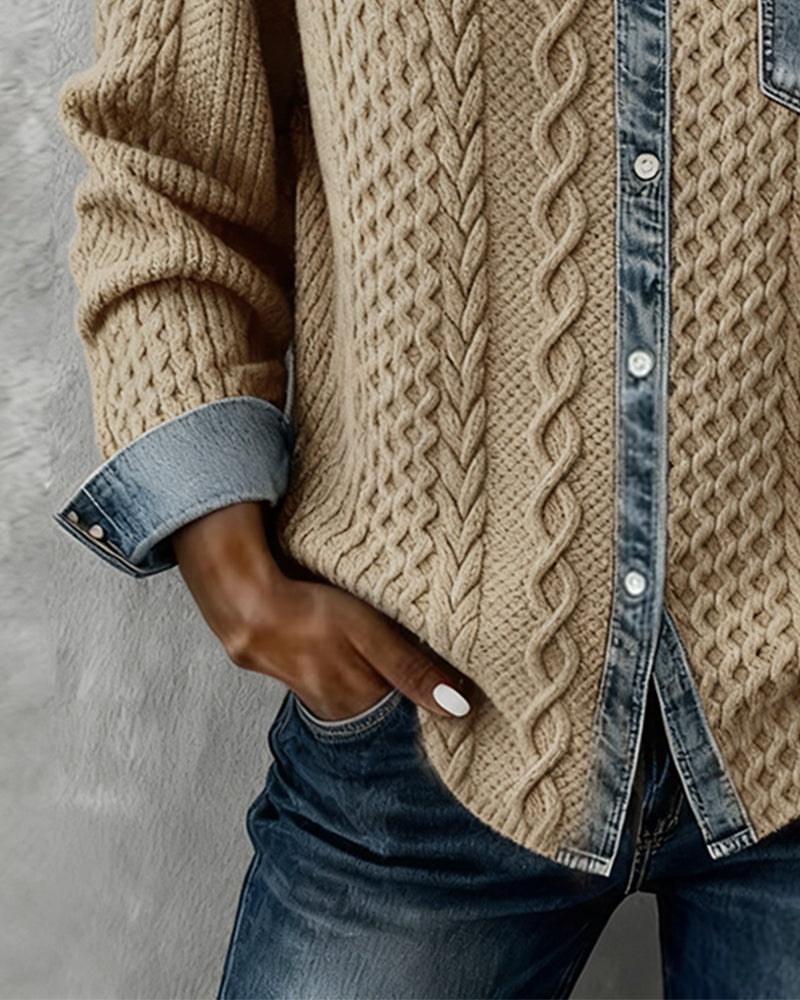 Dana | Damen-Strickjacke mit langen Ärmeln und Denim-Details