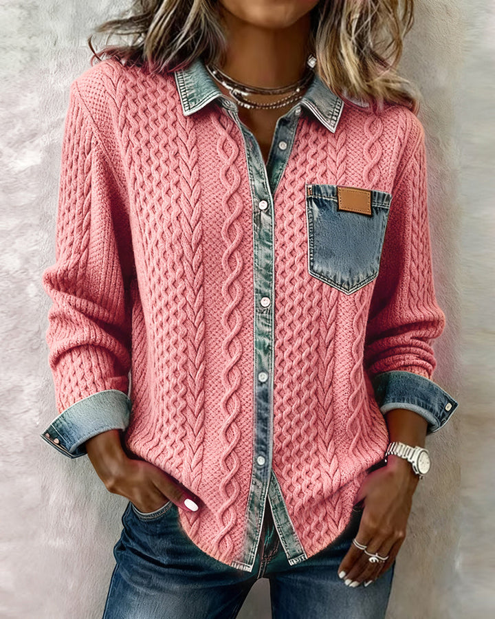 Dana | Damen-Strickjacke mit langen Ärmeln und Denim-Details