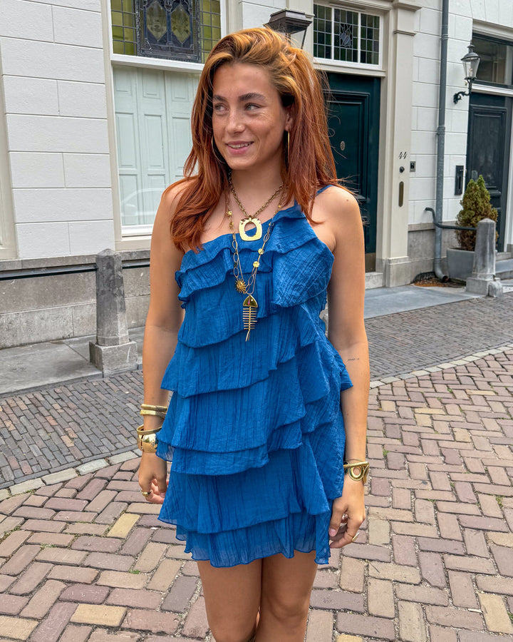 Mini Kleid Damen Rüschen Asymmetrisch Schulterträger Casual Sommer