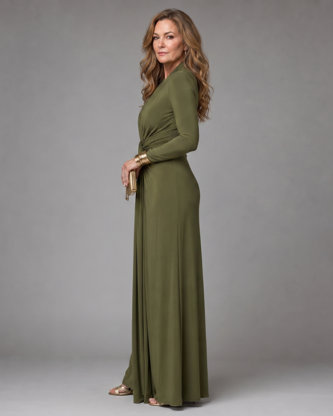 Vimmer | Drapiertes Deep V Neck Langarm-Maxikleid
