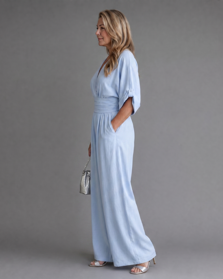 Emene | Drapierter V-Ausschnitt Weitbeiniger Lässiger Jumpsuit