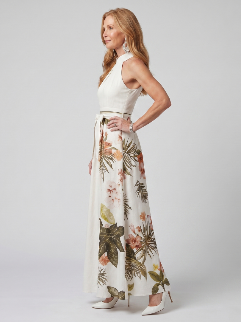 Wiese | Drapiertes Halter-Botanisches Panel-Maxikleid