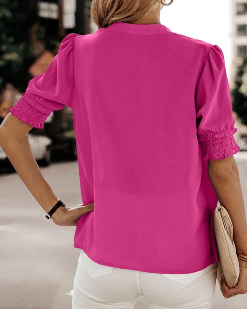 Jolie | Damen Chiffon Bluse Kurzarm V-Ausschnitt Puffärmel