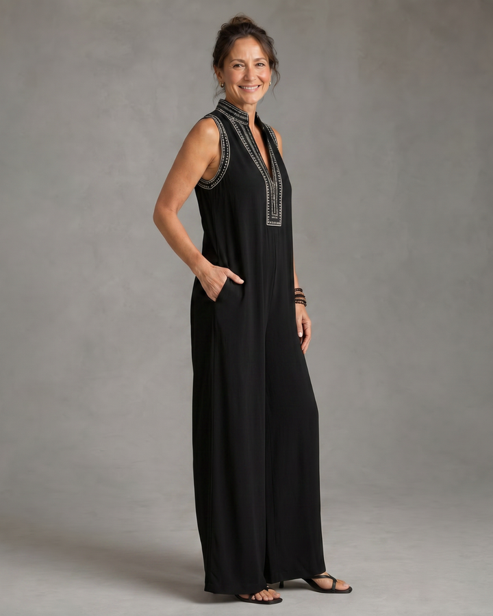 Velmira | Bestickter V-Ausschnitt ärmelloser Jumpsuit mit weitem Bein