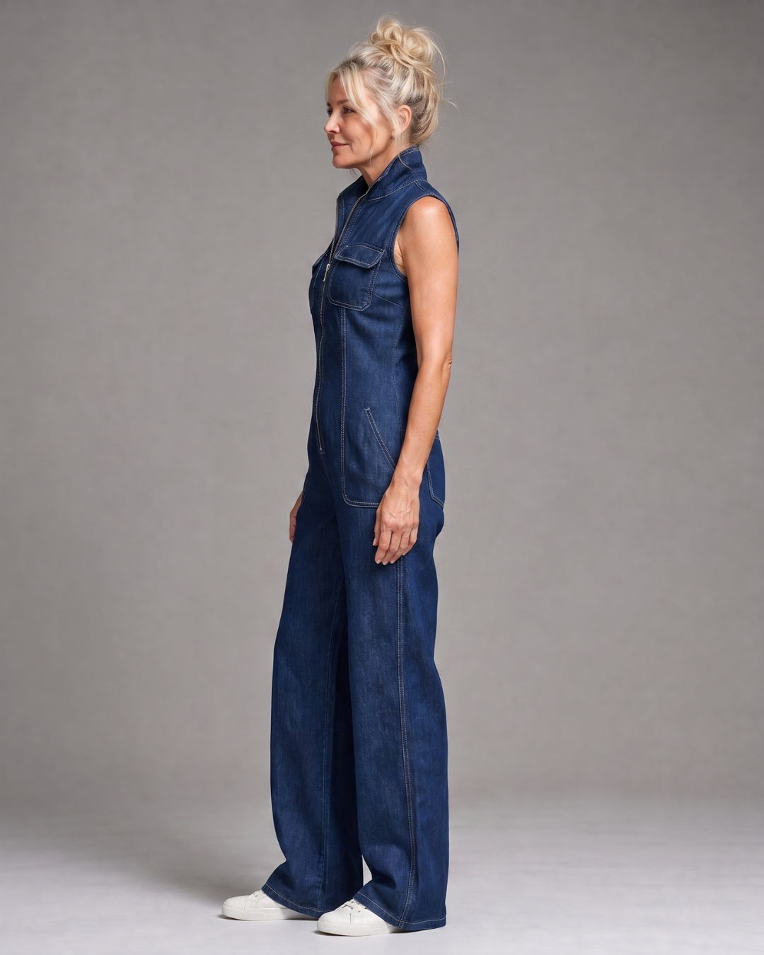Samantha | Reißverschluss-Front Ärmelloses Denim Weitbeiniges Jumpsuit